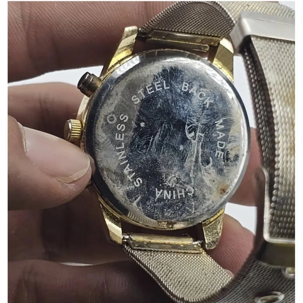 Gold Tone Ladies Watch Triple Sub Glitter Dial Crystal Bezel Mesh Band *C-photos